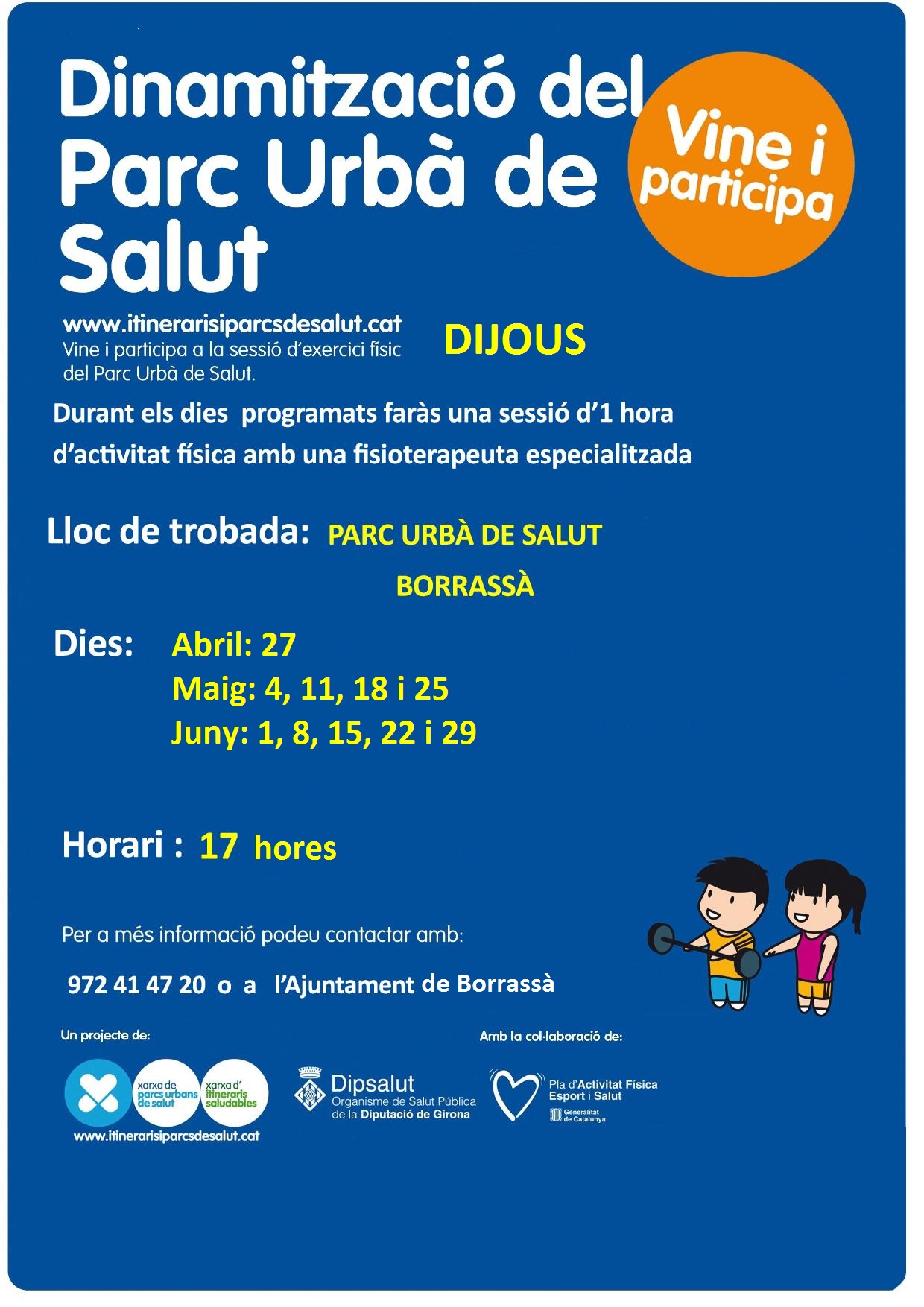 Aquest dijous, 28 d'abril, es reprenen les dinamitzacions al Parc de Salut de Borrassà. Es faran deu sessions els dijous a partir de les 5 de la tarda.